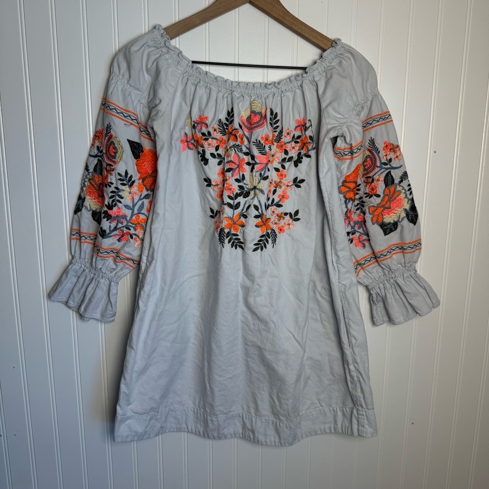 Free People Fleur Du Jour Off-The-Shoulder Mini Embroidered Dress Light Blue XS - Picture 2 of 13